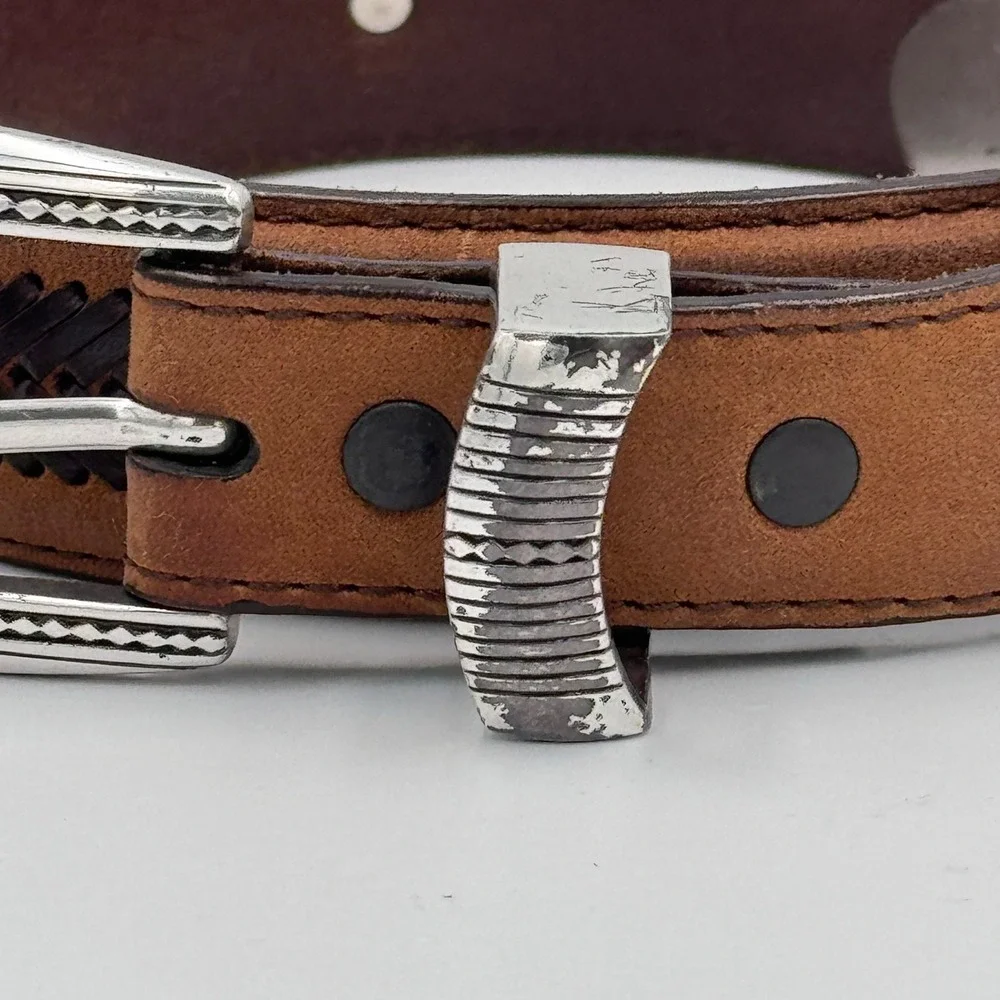 Brighton‎ Western Brown Leather Belt Engraved Buckle Metal Tip Cowboy Style